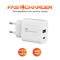 TECHMADE CARICABATTERIE 20W CON PORTA USB-C + PORTA USB-A